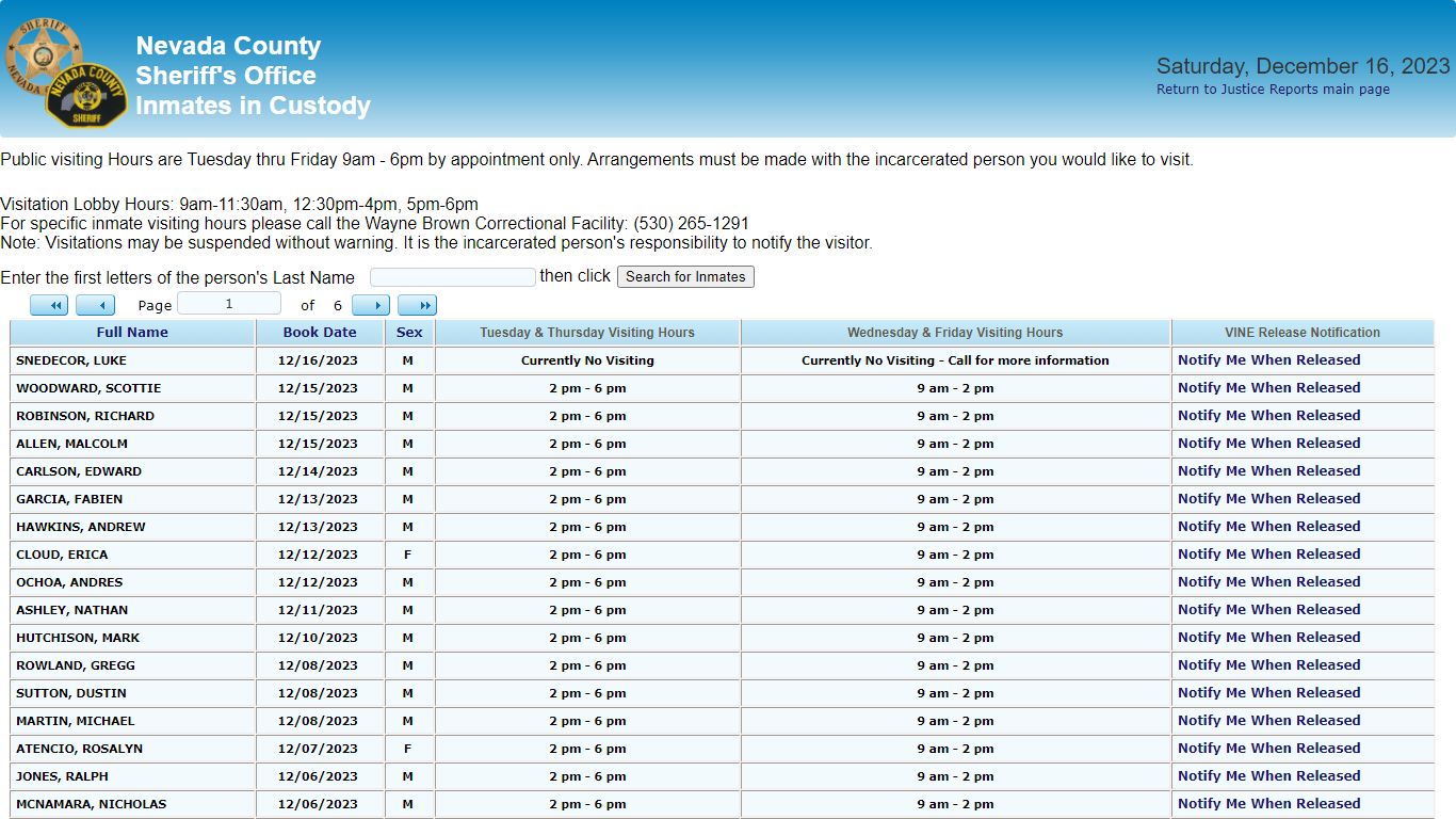 Inmates in Custody - County of Nevada Public Reporting